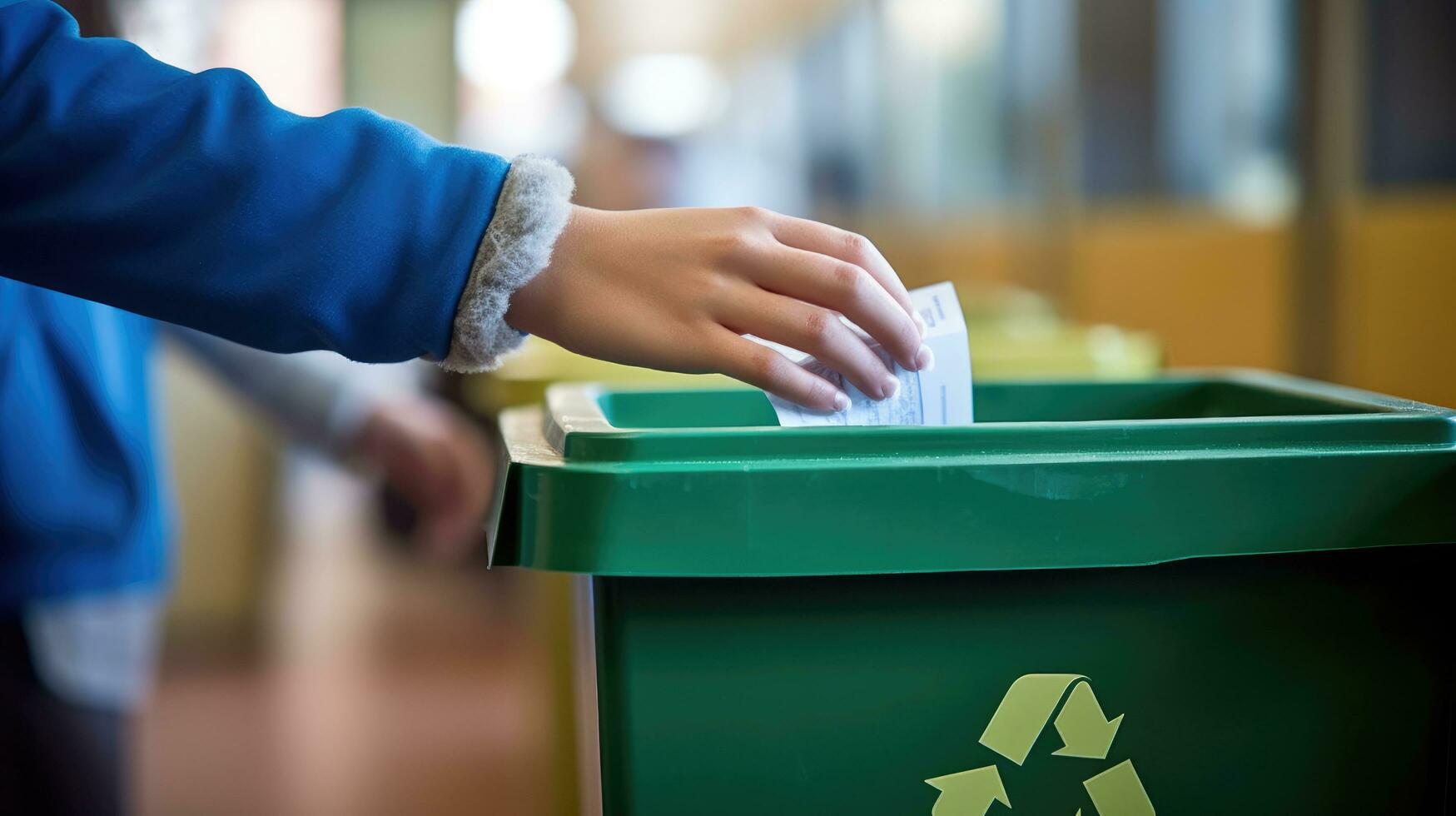 alunno lancio carta in riciclare bidone. generativo ai foto