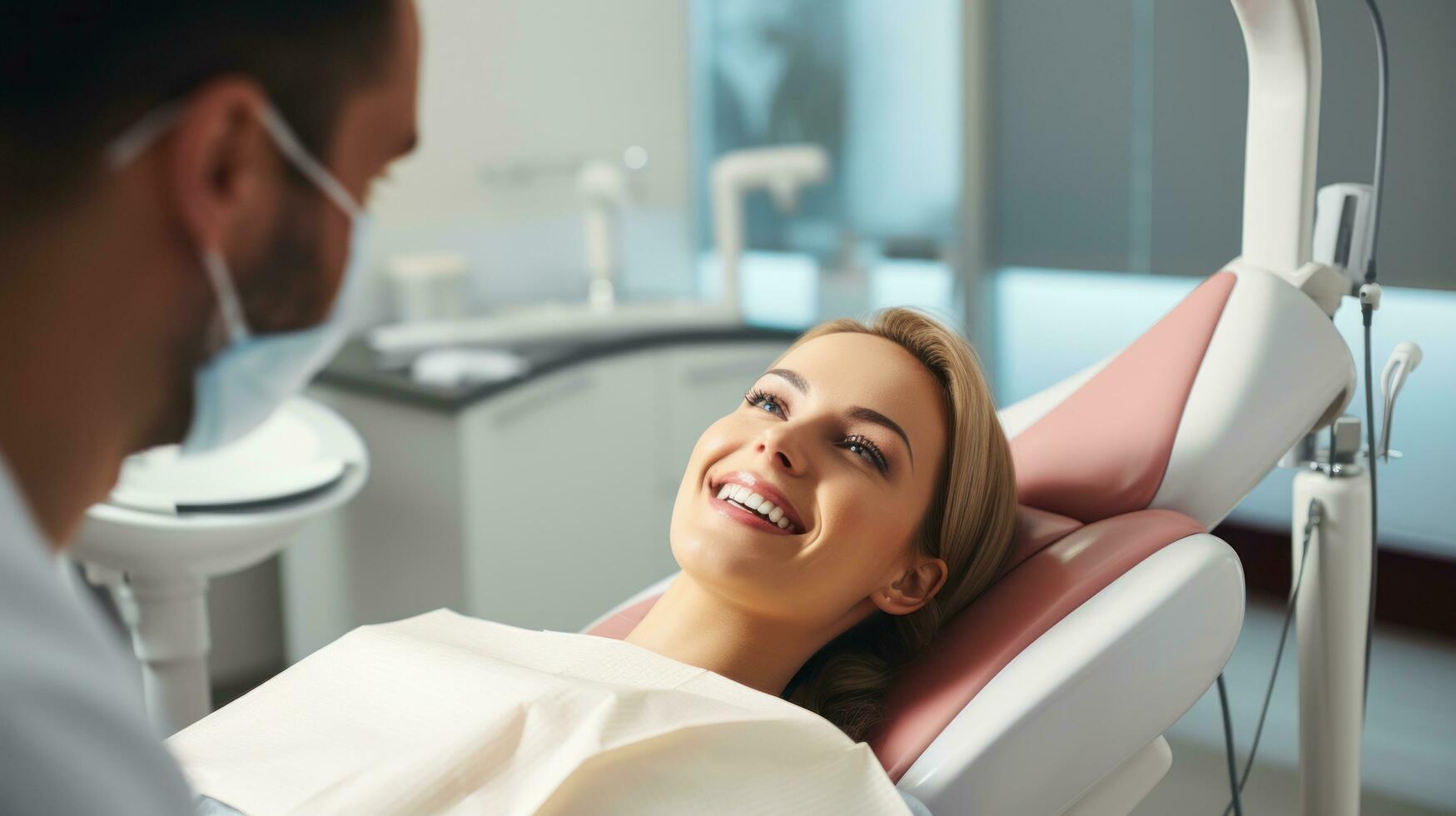 contento donna seduta nel dentista sedia e avendo dentale visita medica. generativo ai foto