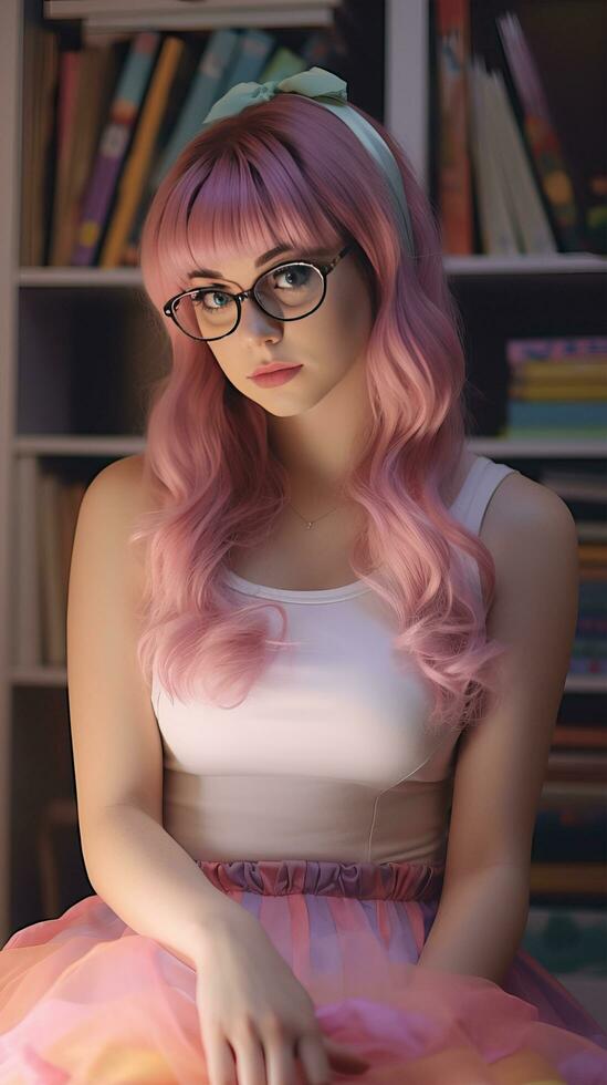 bellissimo ragazza con rosa capelli. generativo ai foto