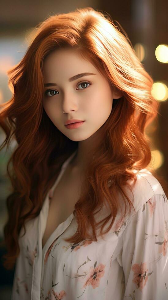 bellissimo asiatico ragazza con rosso capelli. generativo ai foto