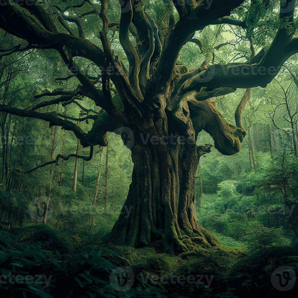 grande Bonsai albero giungla, buio foresta, orrore albero, banyan Bonsai ,ai generato foto