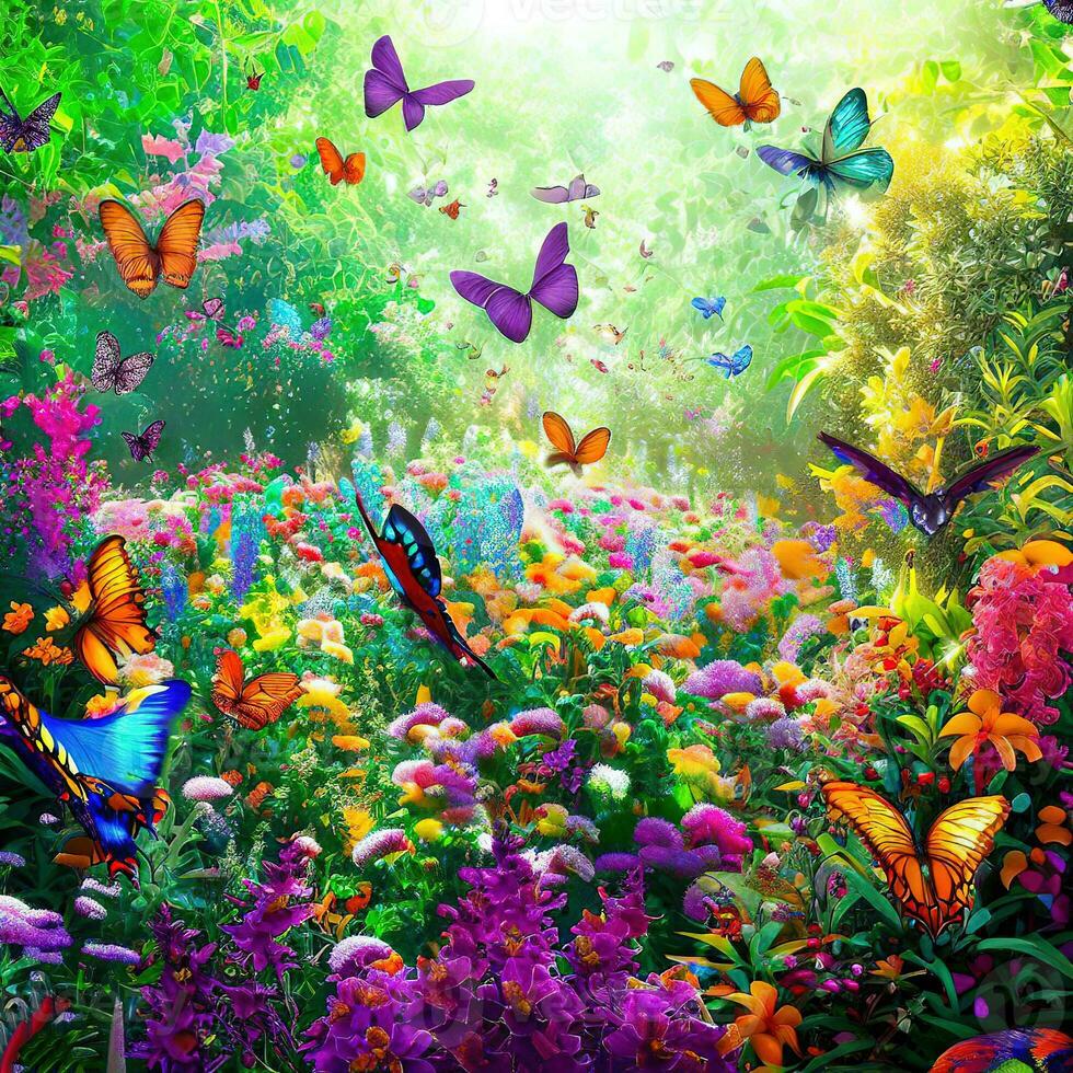 fiore giardino con farfalle, fiori fioritura nel parco, colorato, fragrante fiori ,ai generato foto