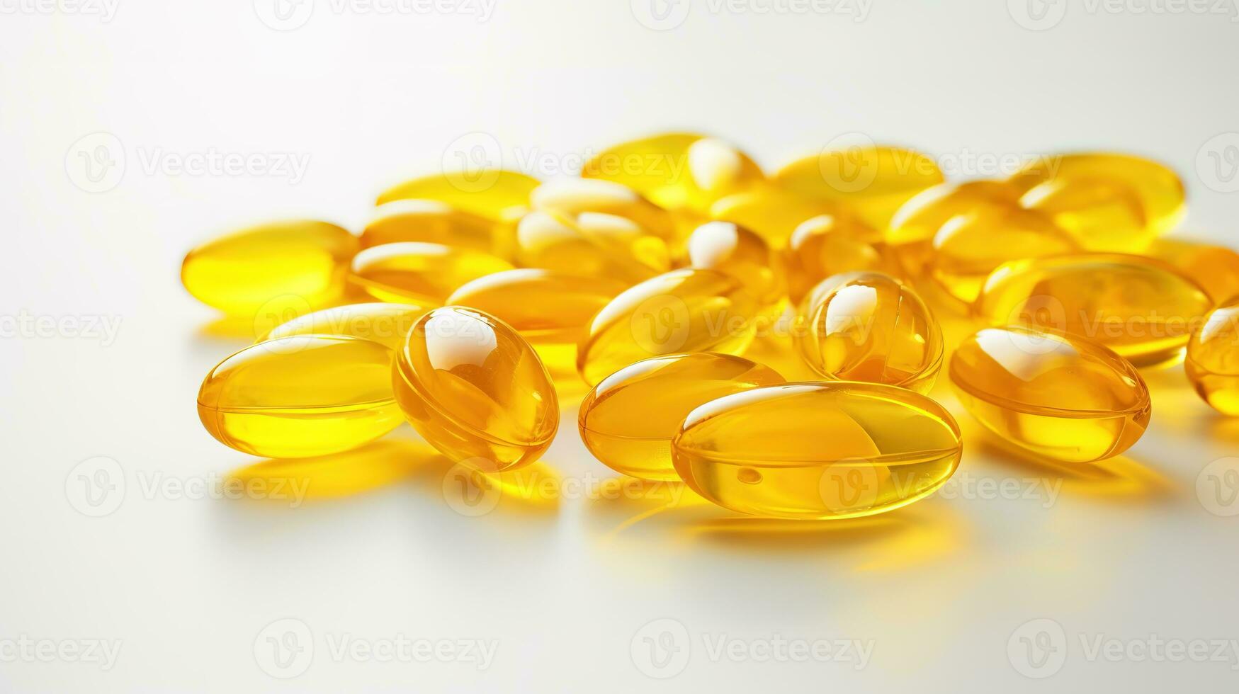 trasparente giallo vitamine su un' leggero sfondo. vitamina d, omega 3, omega 6, cibo supplemento olio pieno pesce olio, vitamina un, vitamina e, semi di lino olio. foto