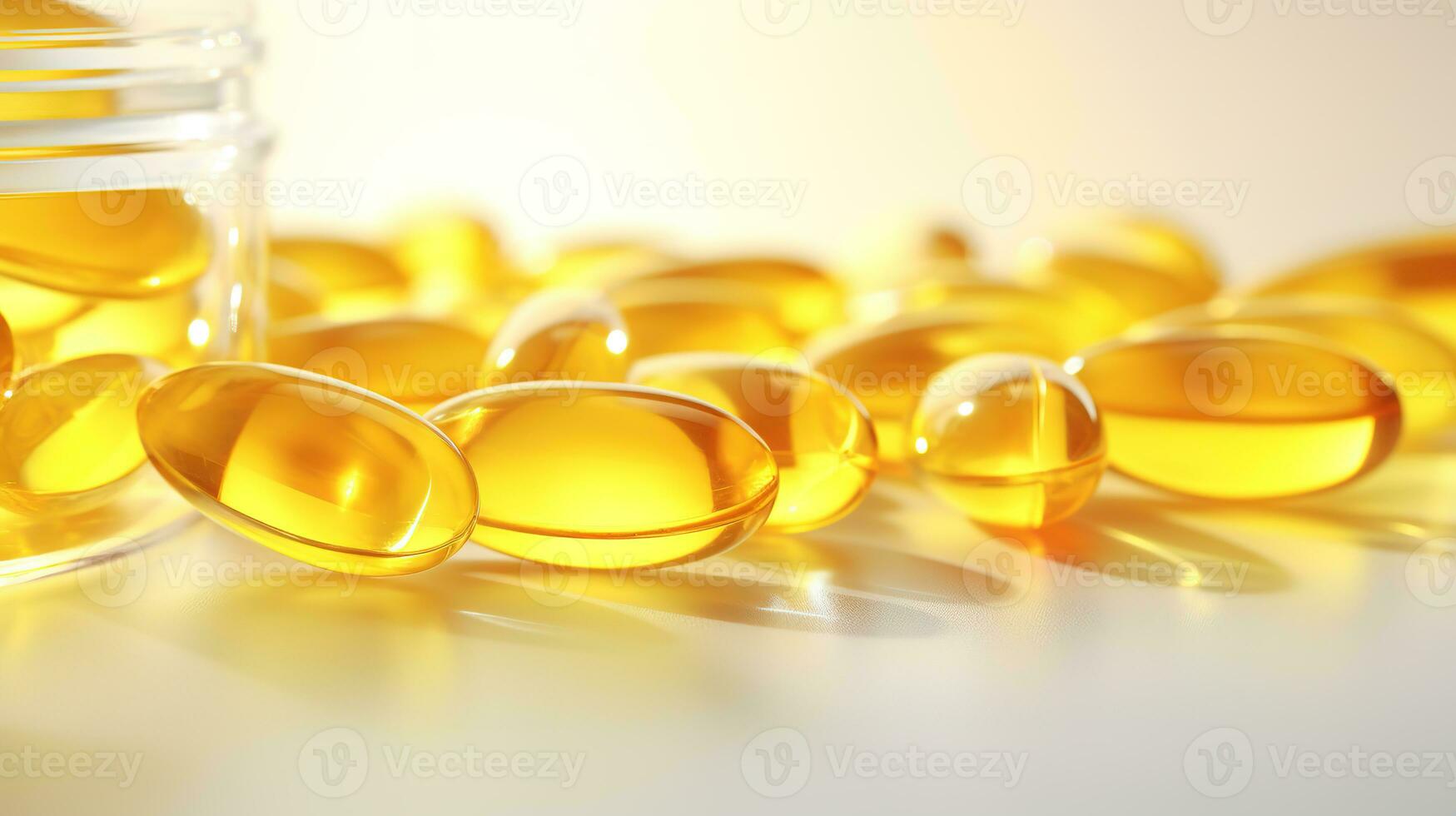 trasparente giallo vitamine su un' leggero sfondo. vitamina d, omega 3, omega 6, cibo supplemento olio pieno pesce olio, vitamina un, vitamina e, semi di lino olio. foto