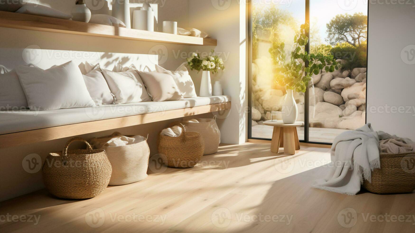 interno lavanderia camera con cuscino su mensola e lavanderia cestino su legna pavimento con mattina leggero splendente attraverso finestra a casa, generativa ai foto
