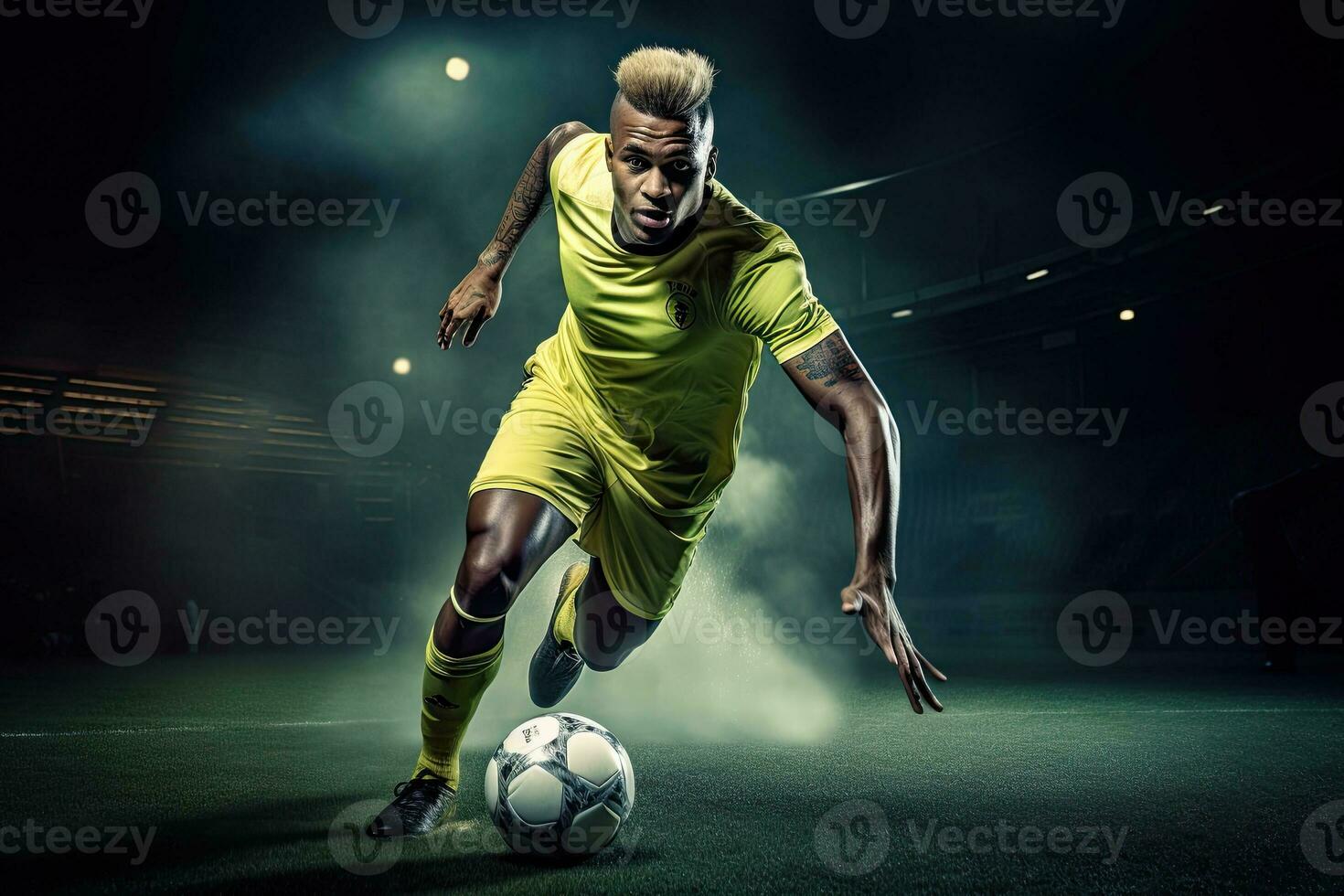 ritratto professionale calcio giocatore dribbling palla ai generativo foto