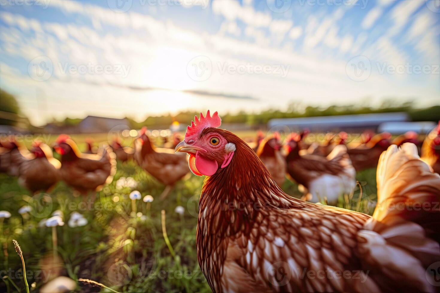 ritratto di un' pollo azienda agricola nel il mattina con sole esposizione ai generativo foto