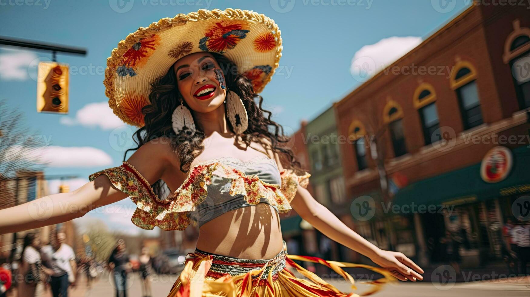 ritratto ragazza indossare sombrero danza su il strada di città ai generativo foto