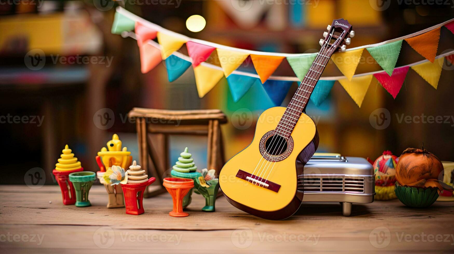 ritratto chitarra su il tavolo con cactus su il pentola ai generativo foto
