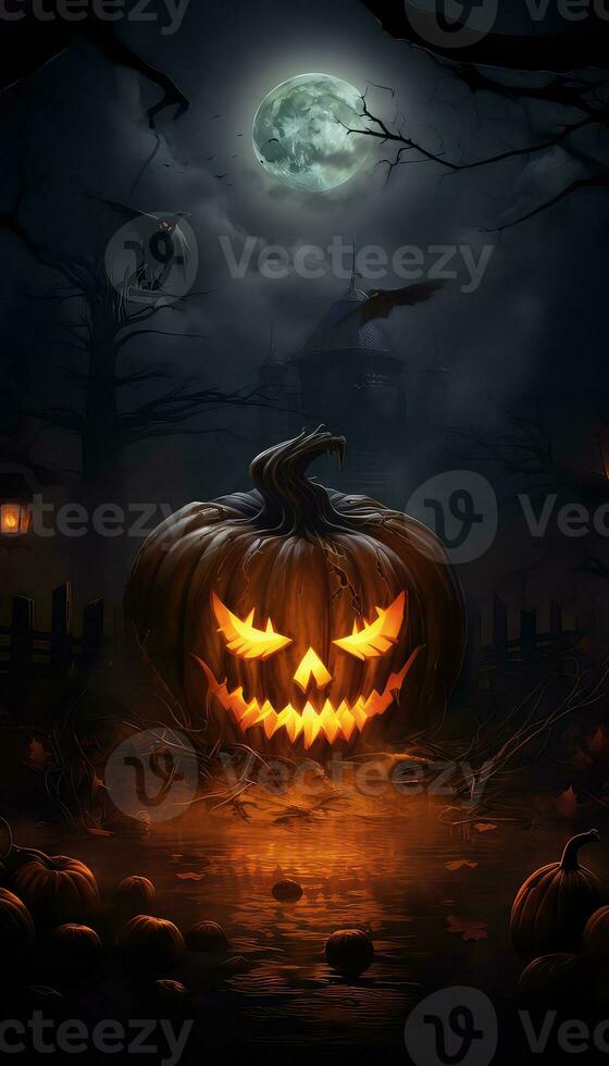 spaventoso Halloween zucca nel fuoco e buio ai generato foto