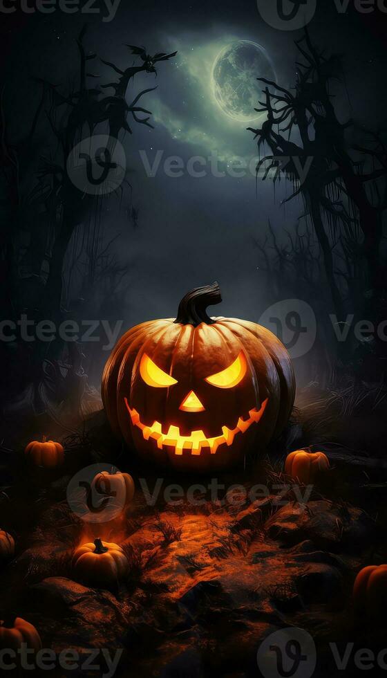 spaventoso Halloween zucca nel fuoco e buio ai generato foto