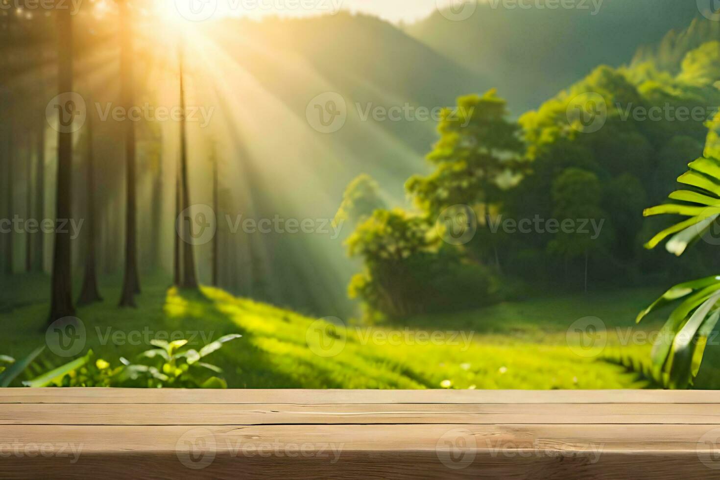 un' legna Prodotto Schermo tavolo nel il mezzo di un' bellissimo paesaggio prefabbricato foto modello sfondo