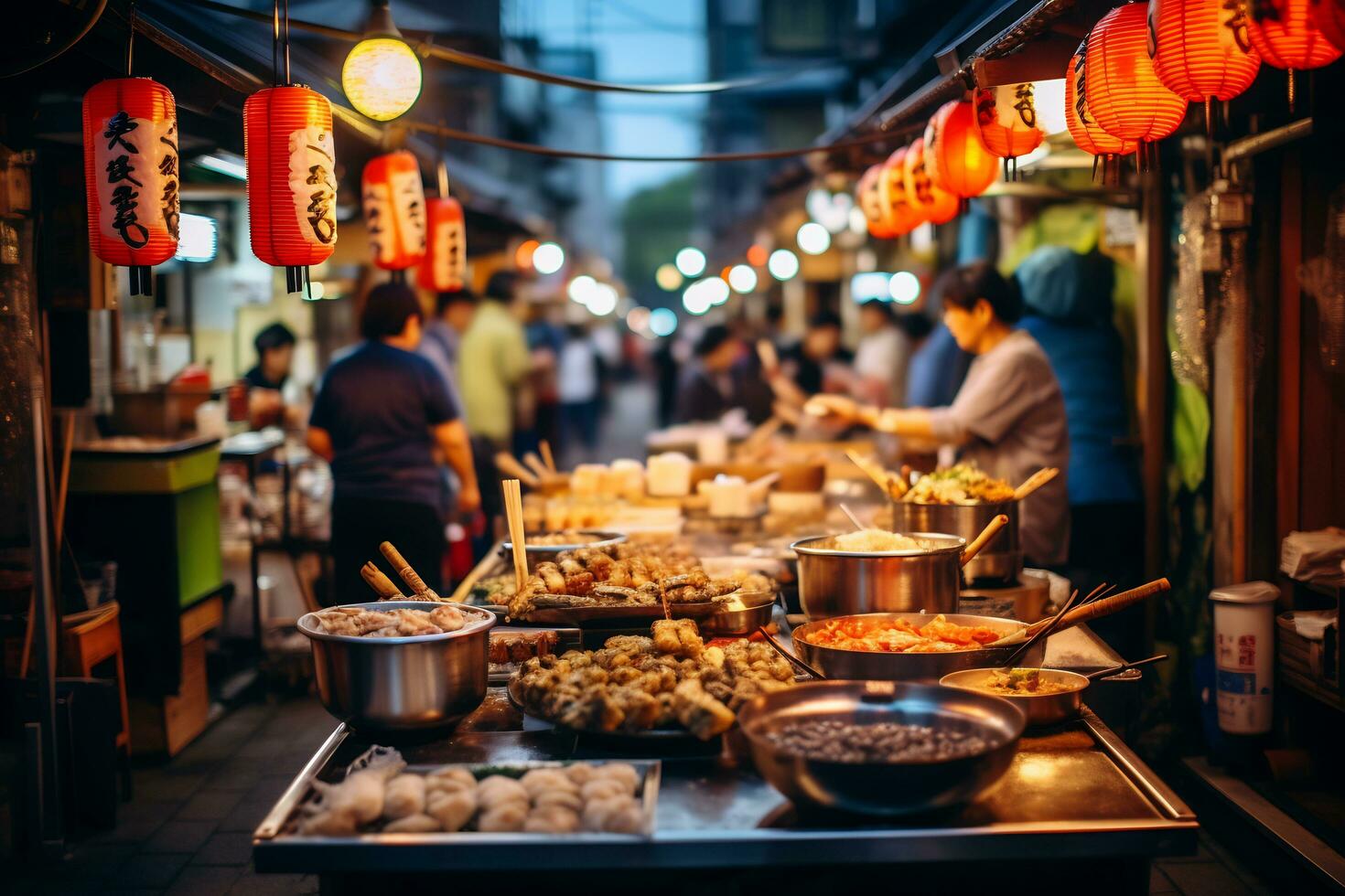 ai generativo Immagine di un' vivace giapponese strada cibo mercato foto