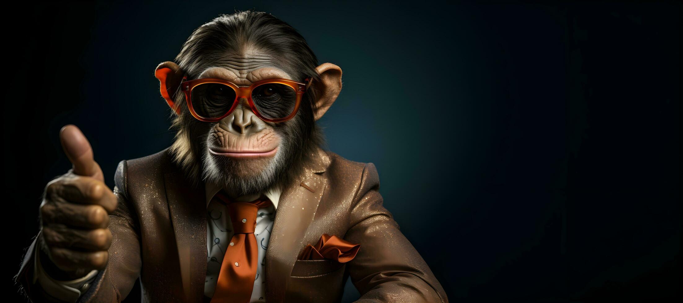 ritratto di un' scimmia nel completo da uomo e bicchieri mostrando pollici up.generative ai foto