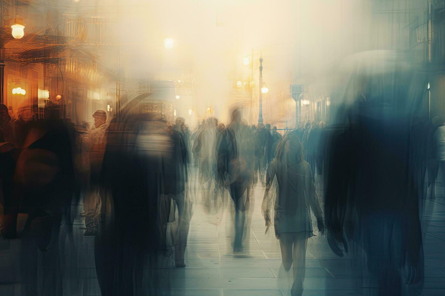 persone a piedi nel il città a notte. sfocato movimento. astratto sfondo, sfocato folla di irriconoscibile a il strada, ai generato foto