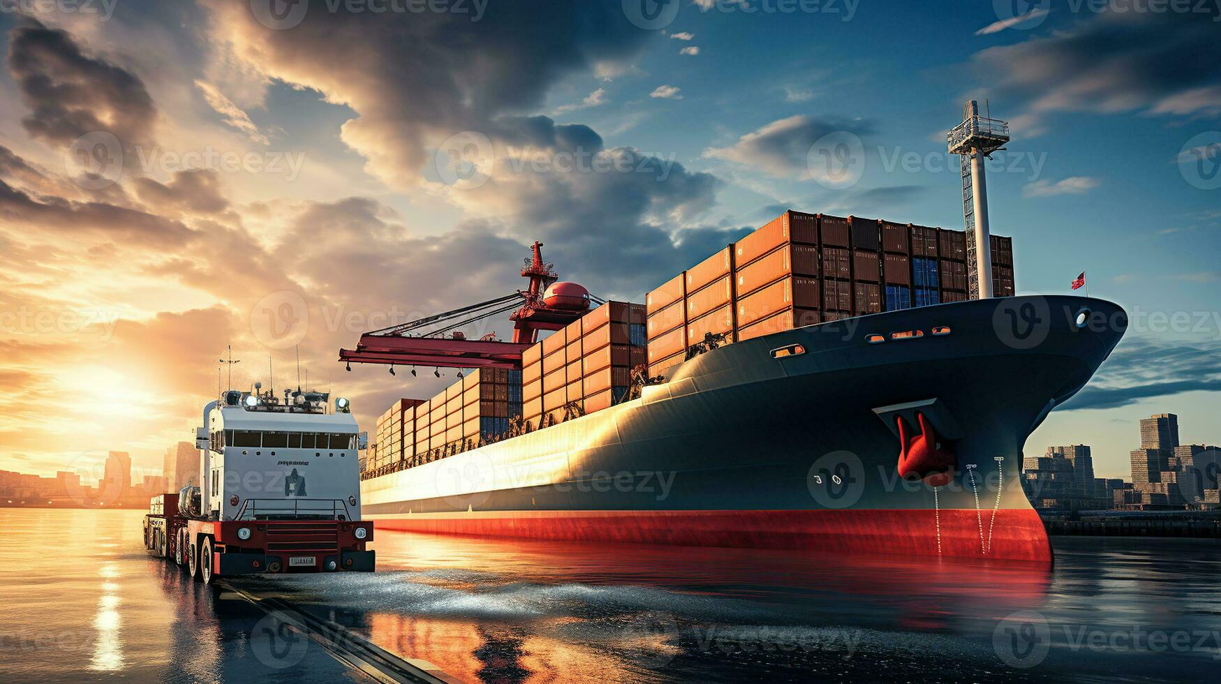 oceanico commercio itinerari, il interazione di carico navi, contenitori, e camion nel import-export la logistica foto