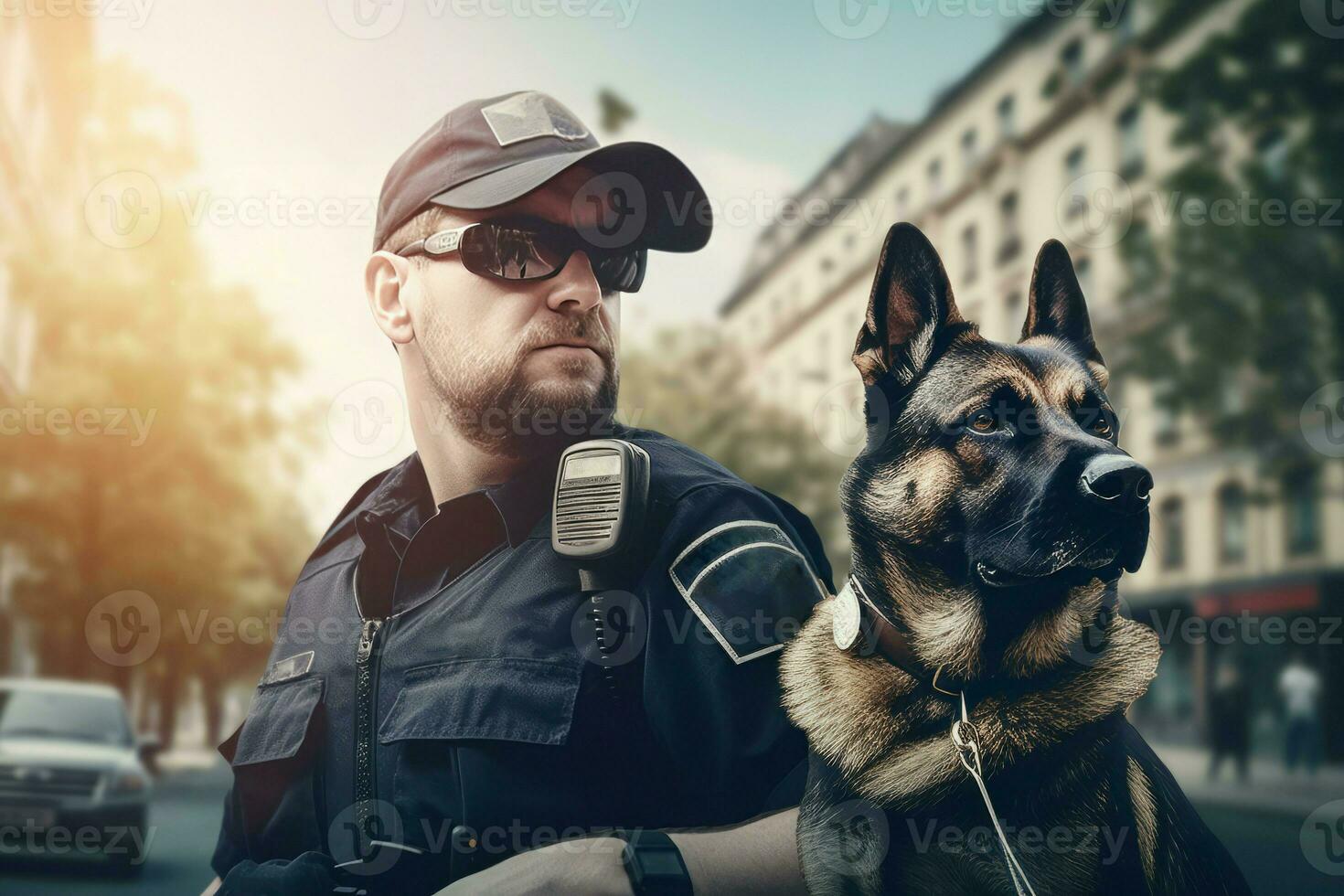 poliziotto con cane a strada. creare ai foto