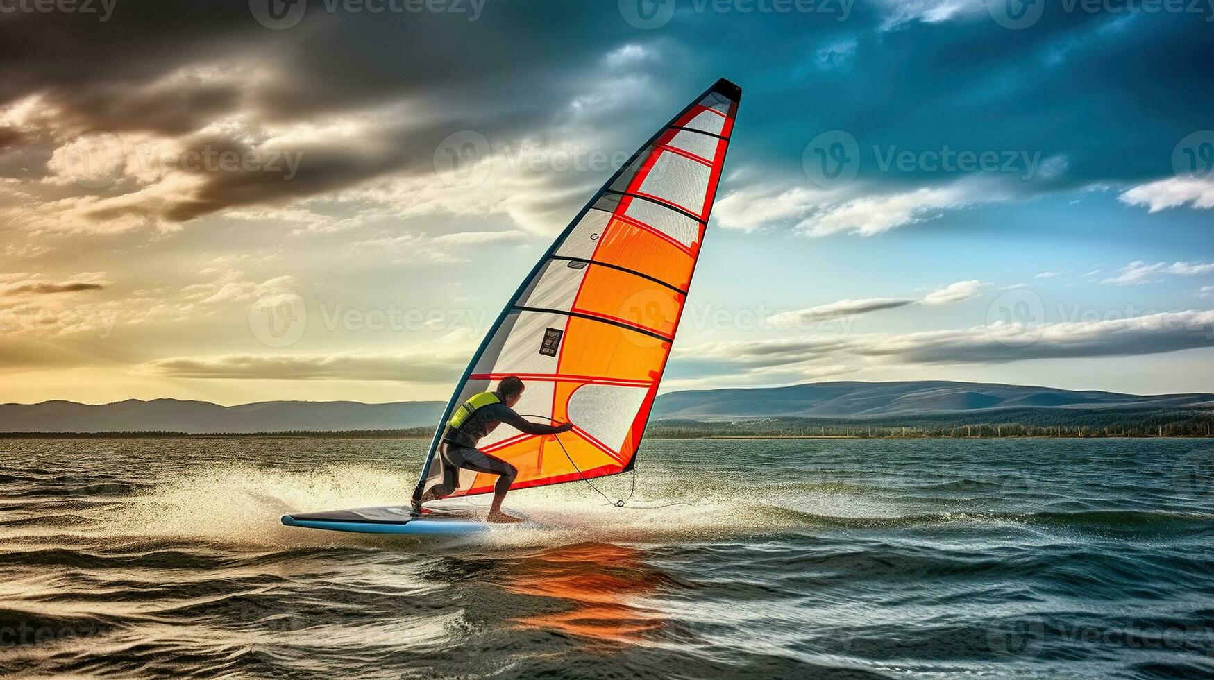 windsurf con grazioso vela su il acqua foto