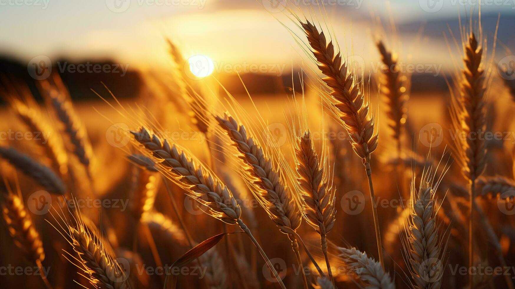 Grano campo a tramonto con un' caldo d'oro luce. del tramonto bellezza nel il Grano campi. generativo ai foto