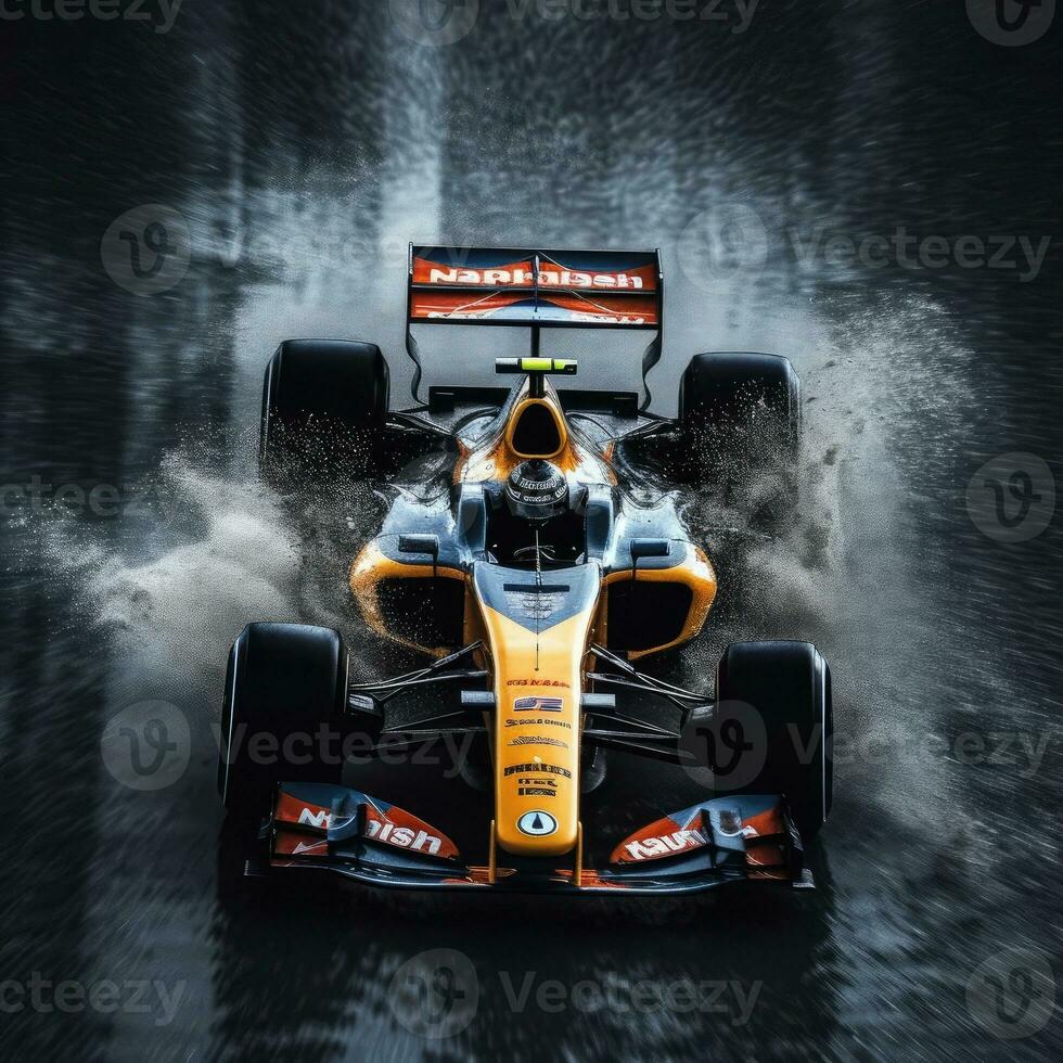 formula 1 da corsa auto nel spruzzi di acqua su un' traccia allagato con acqua. Visualizza a partire dal sopra foto