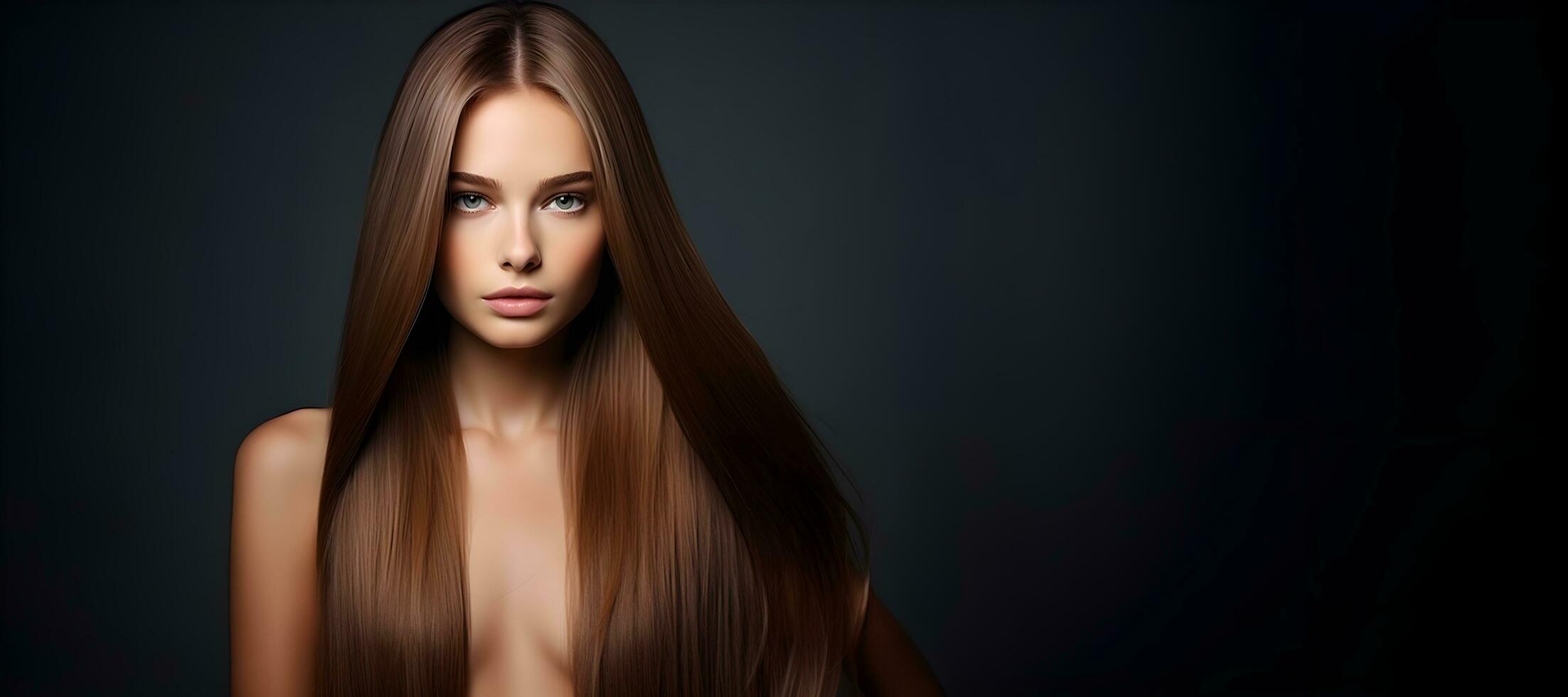 bellissimo lungo capelli. bellezza donna con dritto nero capelli su buio sfondo, generativo ai foto