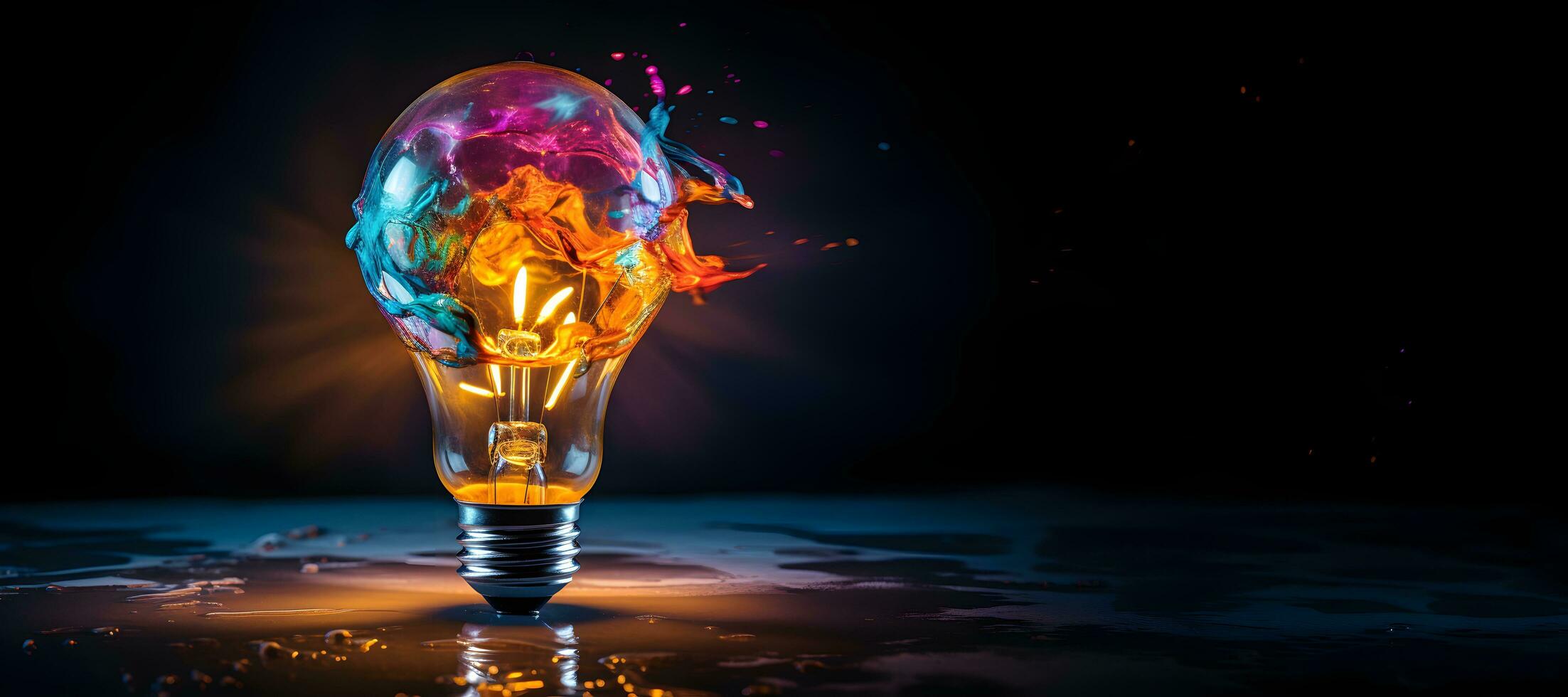 creativo leggero lampadina esplode con colorato dipingere e spruzzi su un' buio sfondo. pensare diversamente creativo idea concetto .generativo ai foto