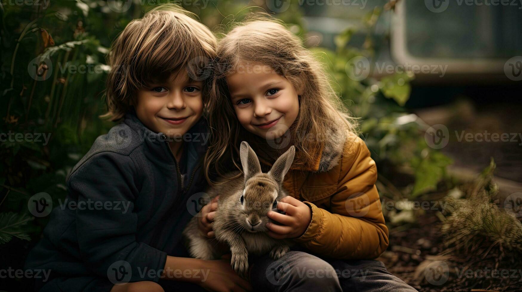 ritratto bambini con coniglio nel zoo ai generativo foto