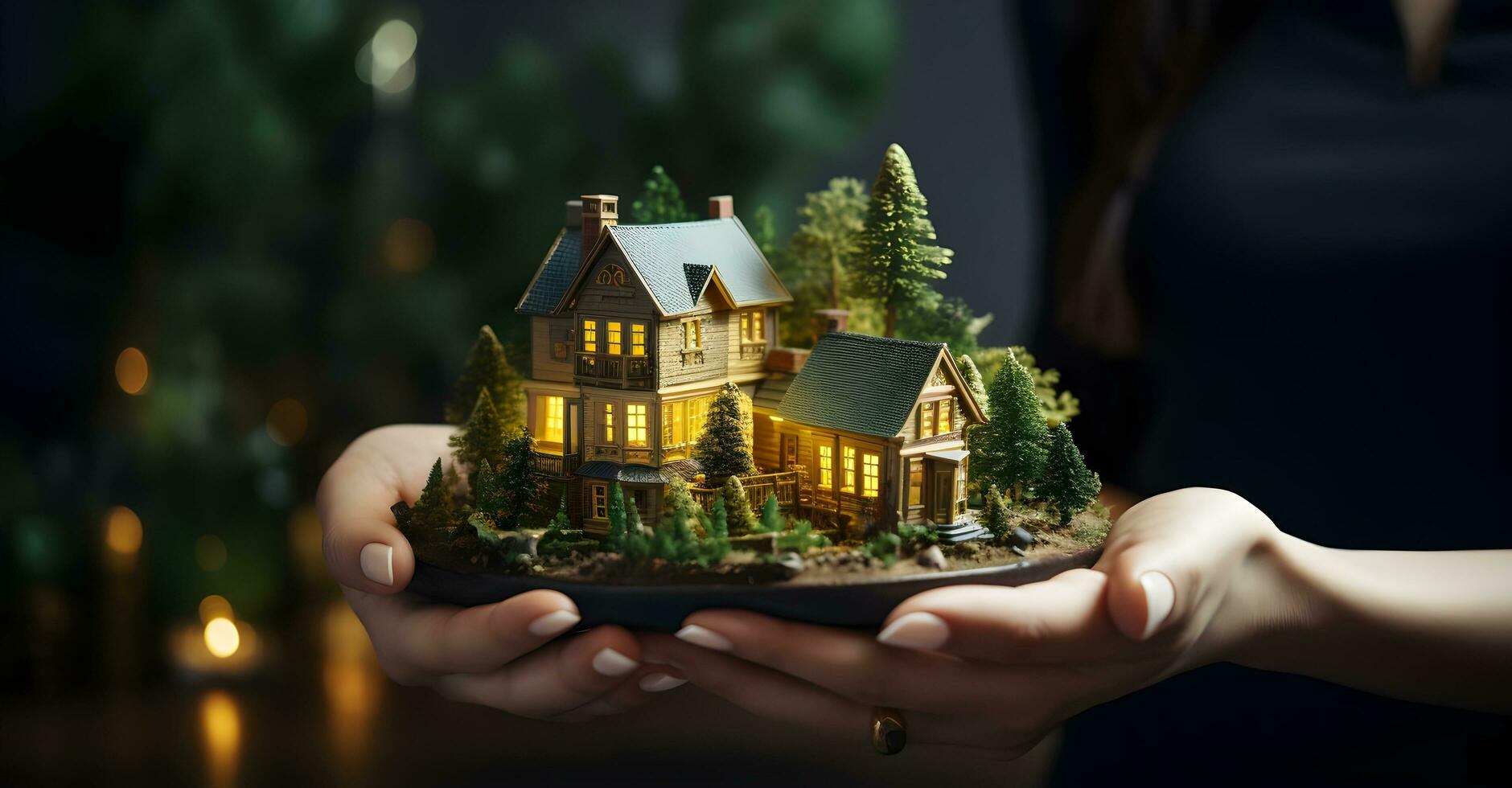 un' persona Tenere un' miniatura Casa nel il suo mano. generativo ai foto