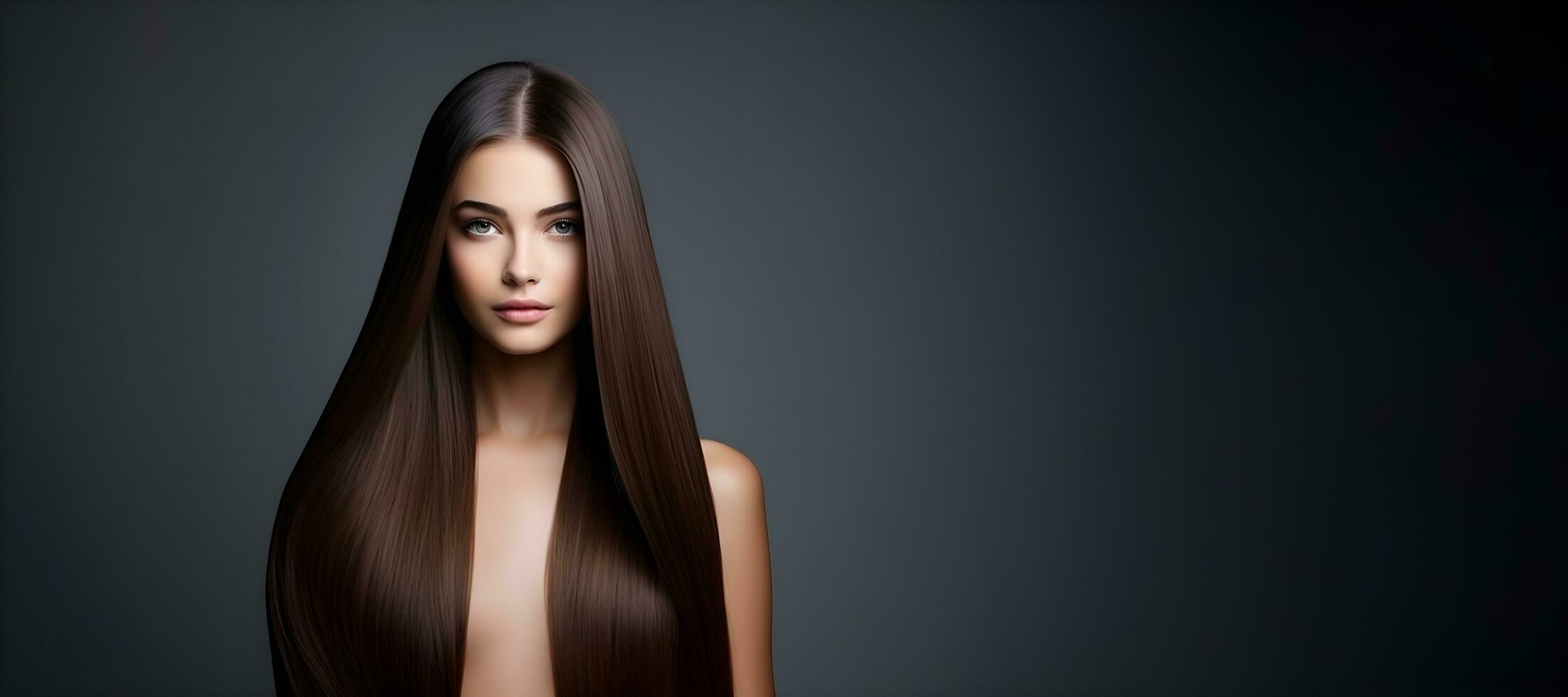 bellissimo lungo capelli. bellezza donna con dritto nero capelli su buio sfondo, generativo ai foto