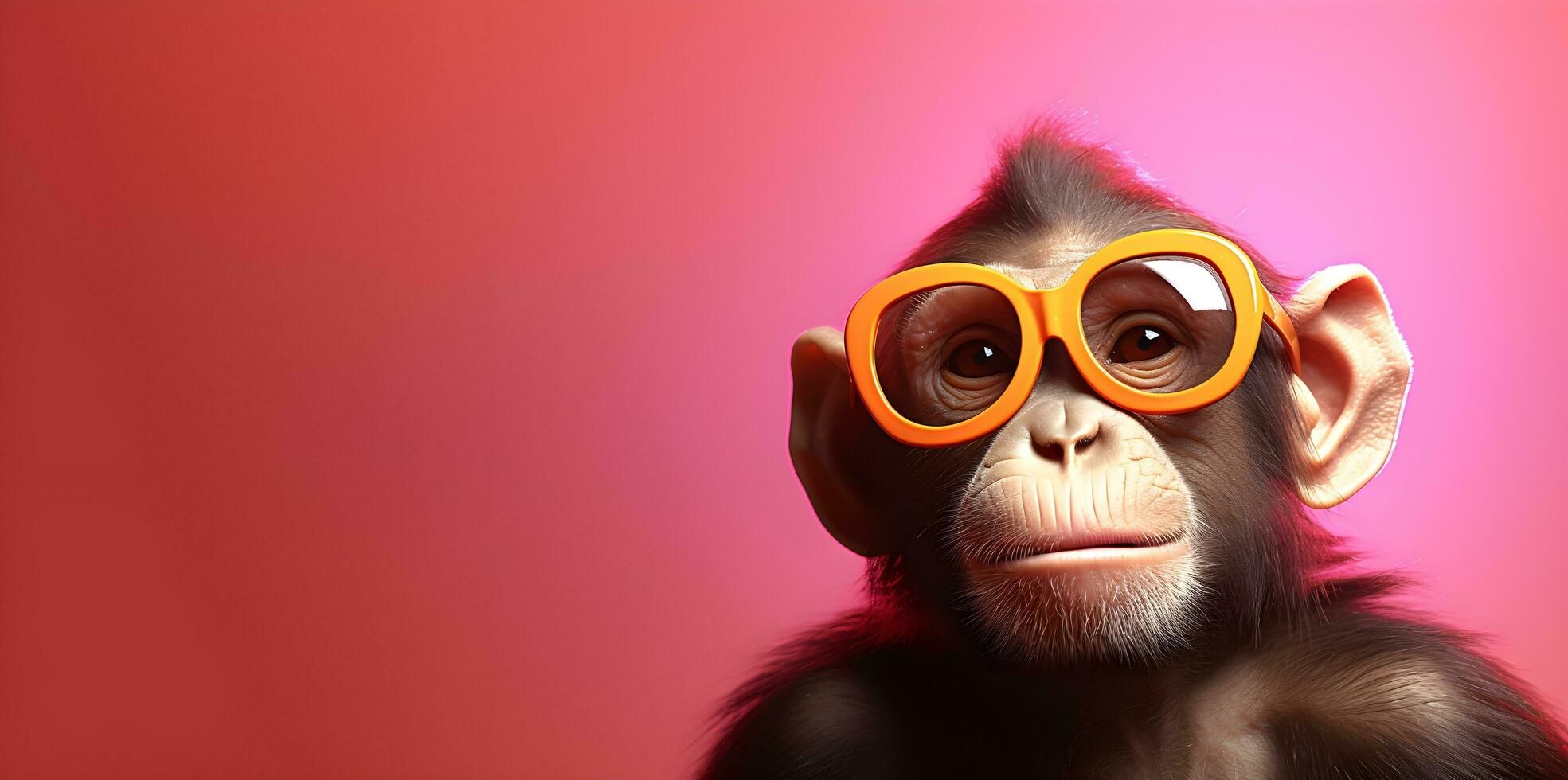 creativo animale concetto. un' scimmia indossare rosa bicchieri su un arancia sfondo , digitale arte, sfaccettato, copia spazio. generativo ai foto
