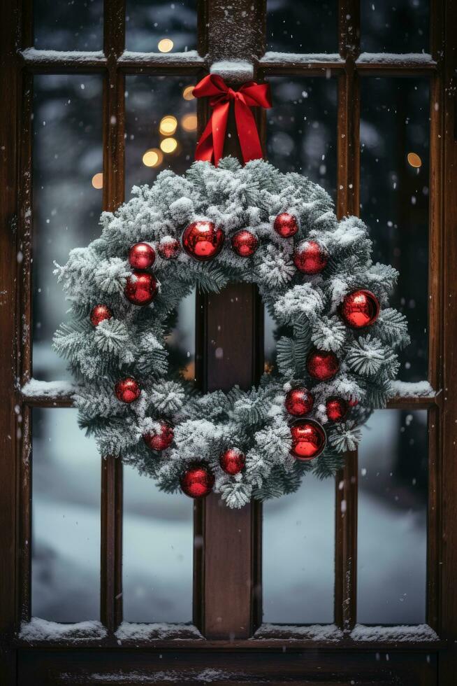 un' festivo ghirlanda sospeso su un' di legno porta, circondato di caduta i fiocchi di neve foto