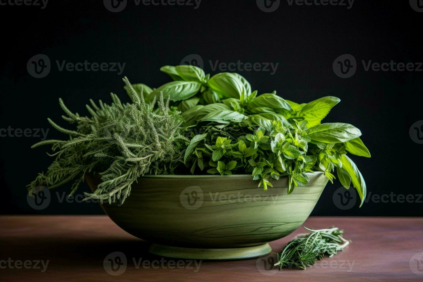 vivace fresco erbe aromatiche ciotola. creare ai foto