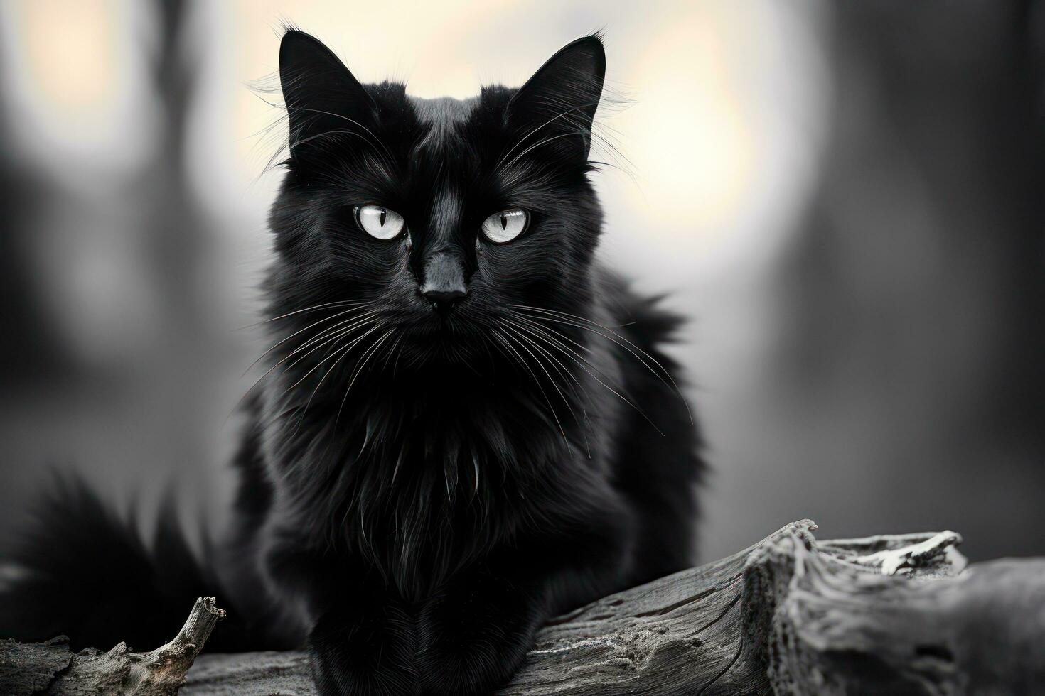 un' nero gatto seduta su un' ramo nel il boschi ai generato foto