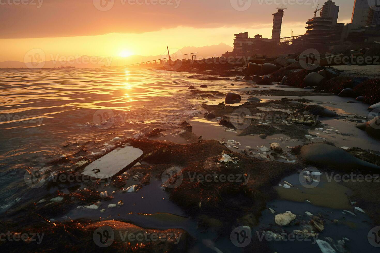 tramonto al di sopra di inquinata costa rivela ambientale danno ai generativo foto