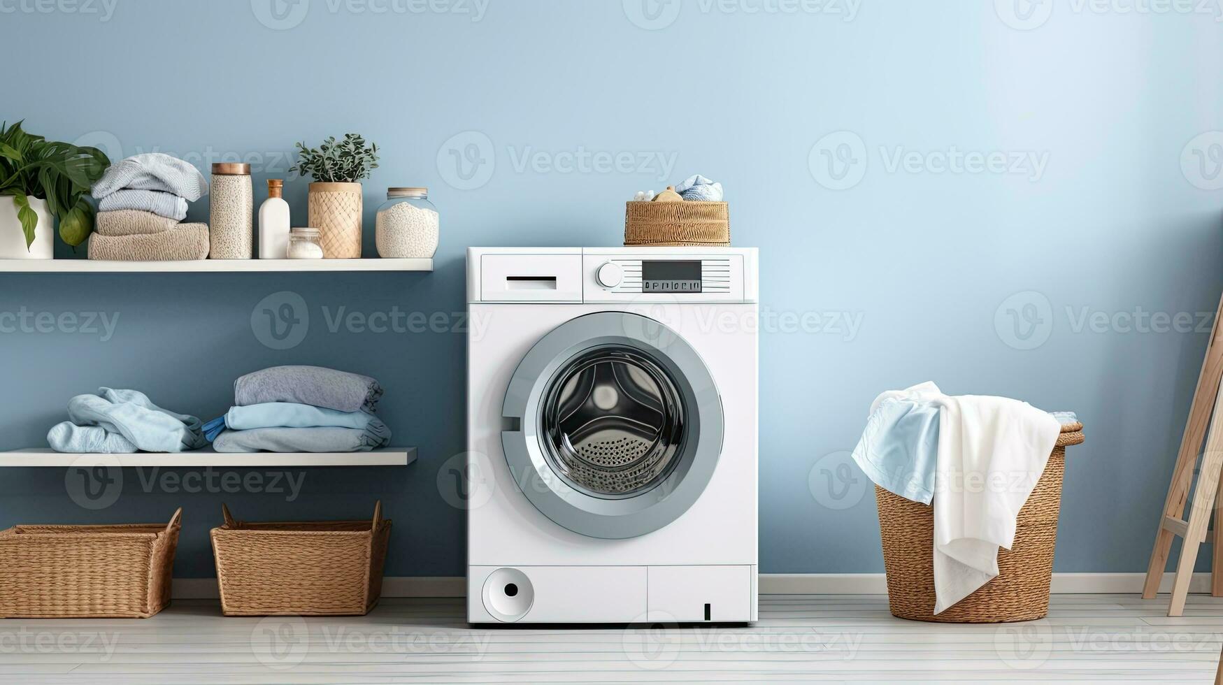 interno di moderno lavanderia camera con lavaggio macchina, cestino e asciugamani. generativo ai foto
