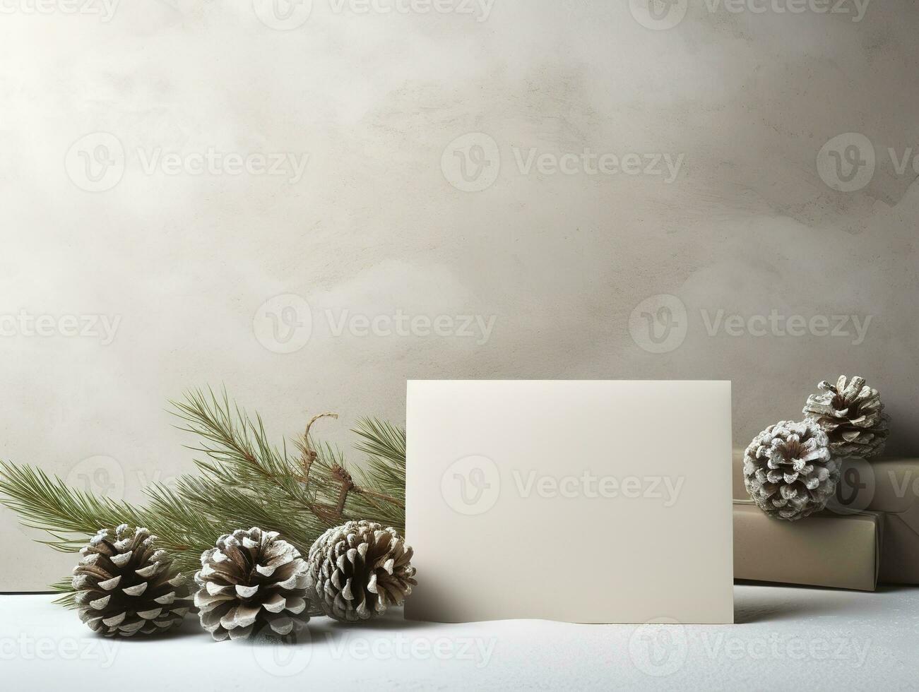 Natale carta modello con regalo scatola, abete rami, e accogliente sfondo. minimalista stile nel bianca e beige. generativo ai foto