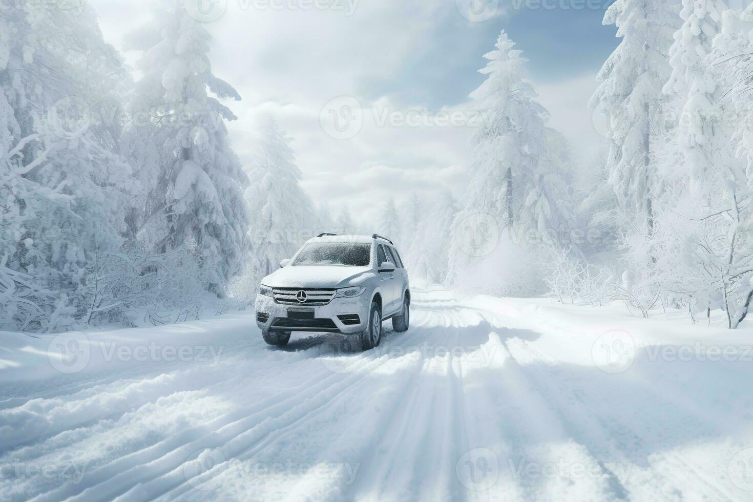 auto guida su neve coperto foresta strada nel inverno. generativo ai foto