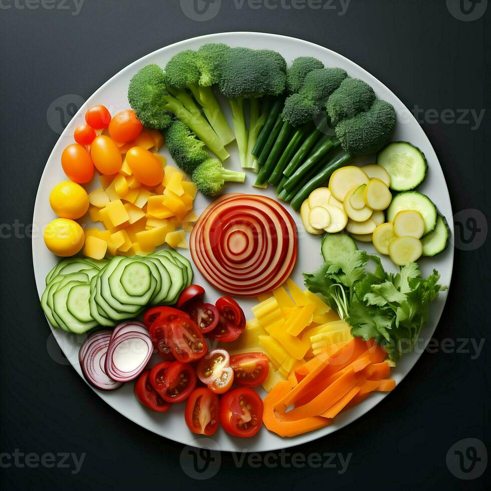appena affettato verdure disposte su un' piatto con salsa su il buio sfondo. ai generativo foto