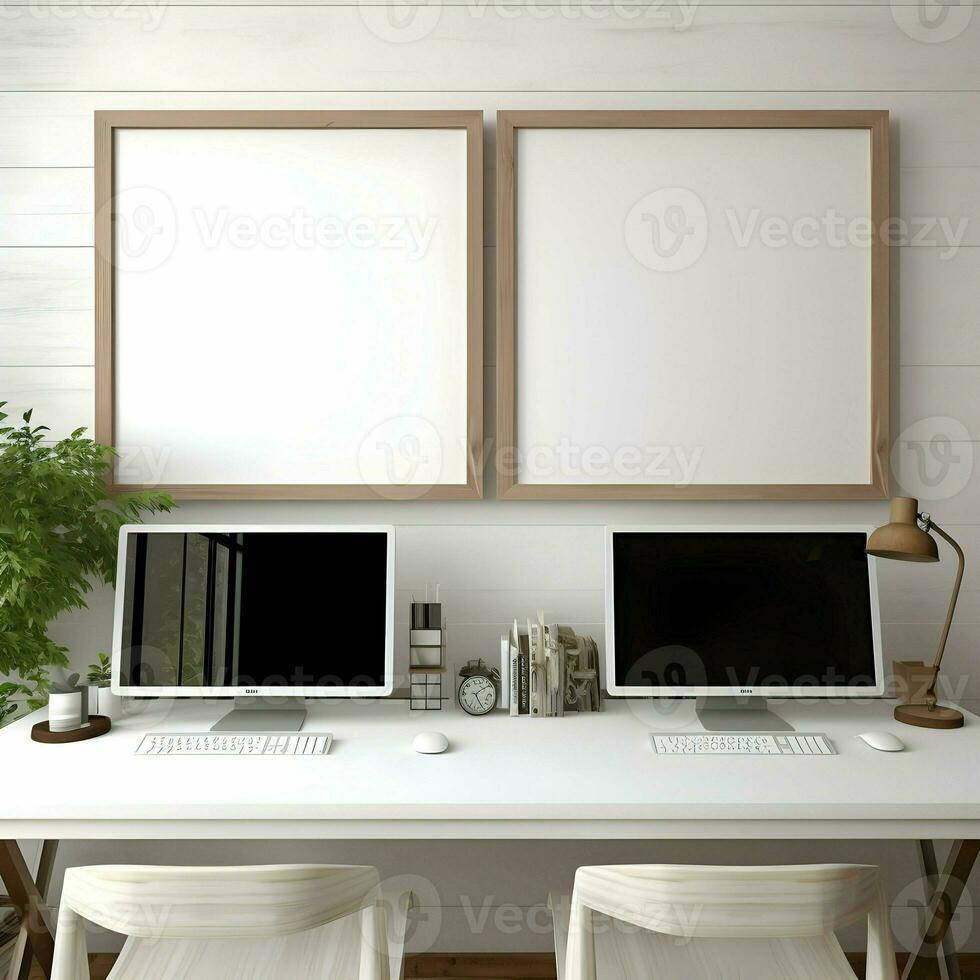 Lavorando posto tavolo Due tenere sotto controllo con vuoto telaio alto risoluzione ai generativo foto