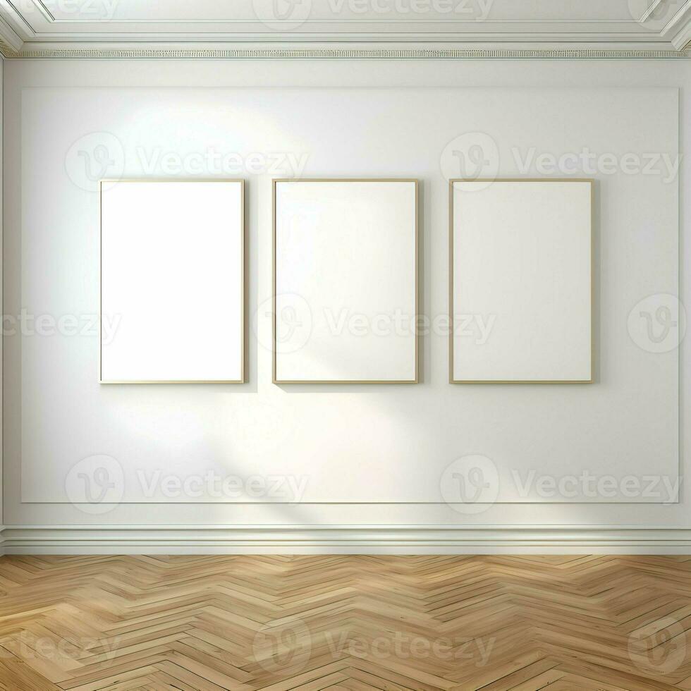 tre foto vuoto immagine montatura su parquet pavimento bianca parete. minimalismo. alto risoluzione. ai generativo