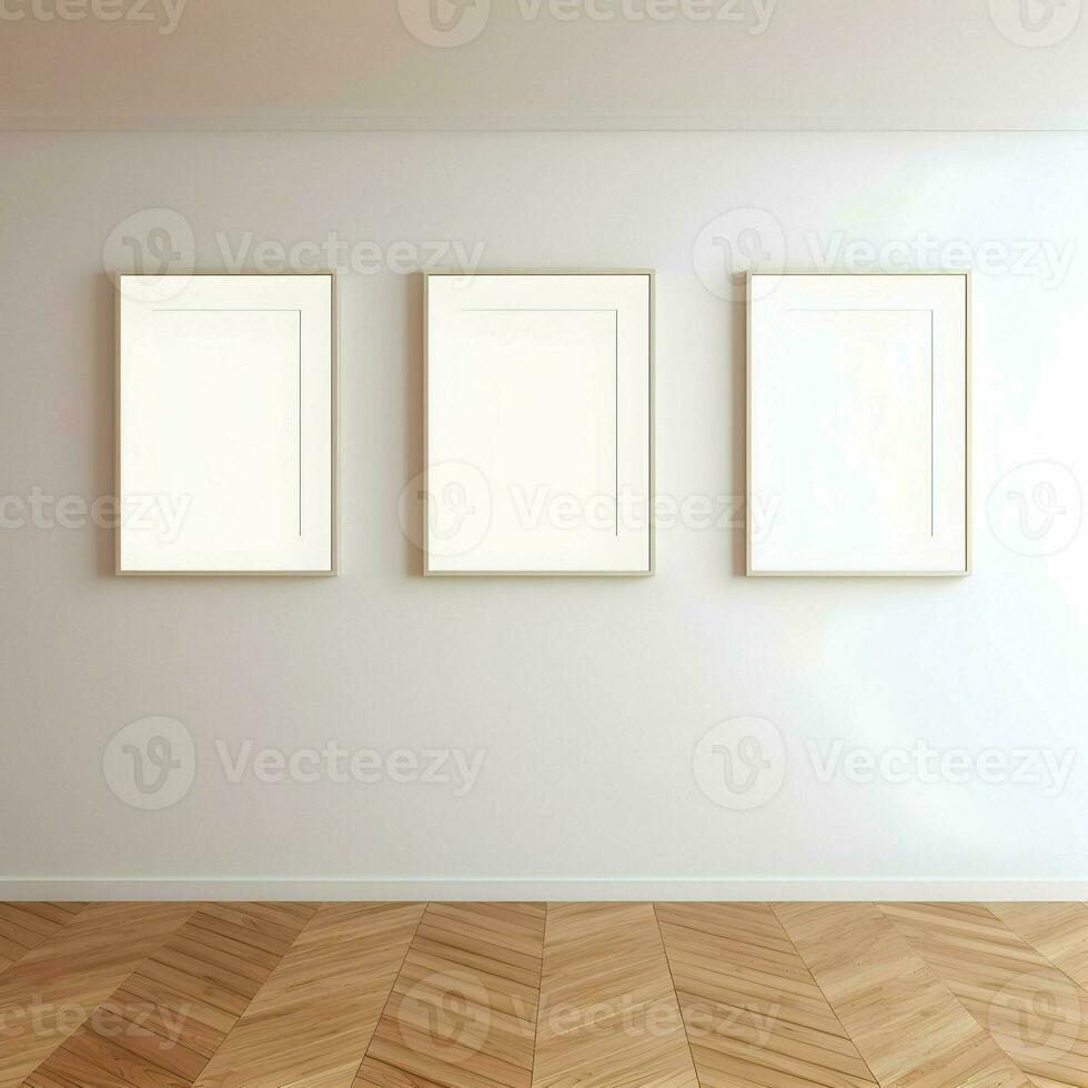 tre foto vuoto immagine montatura su parquet pavimento bianca parete. minimalismo. alto risoluzione. ai generativo