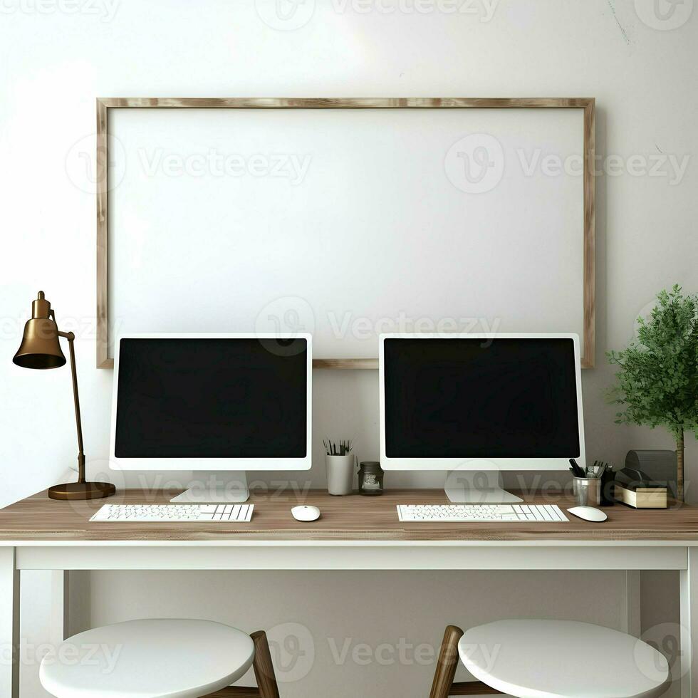 Lavorando posto tavolo Due tenere sotto controllo con vuoto telaio alto risoluzione. ai generativo foto