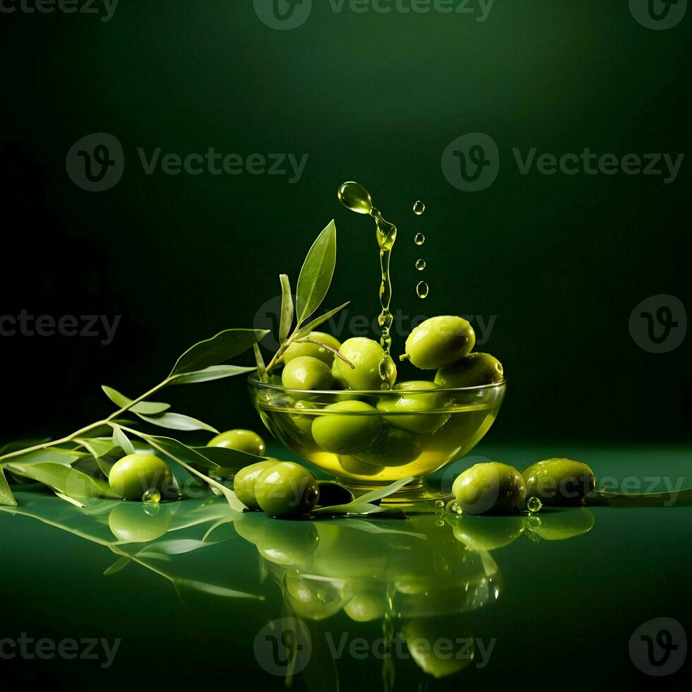 olive e oliva olio galleggiante su un' verde sfondo. alto qualità ai generativo foto