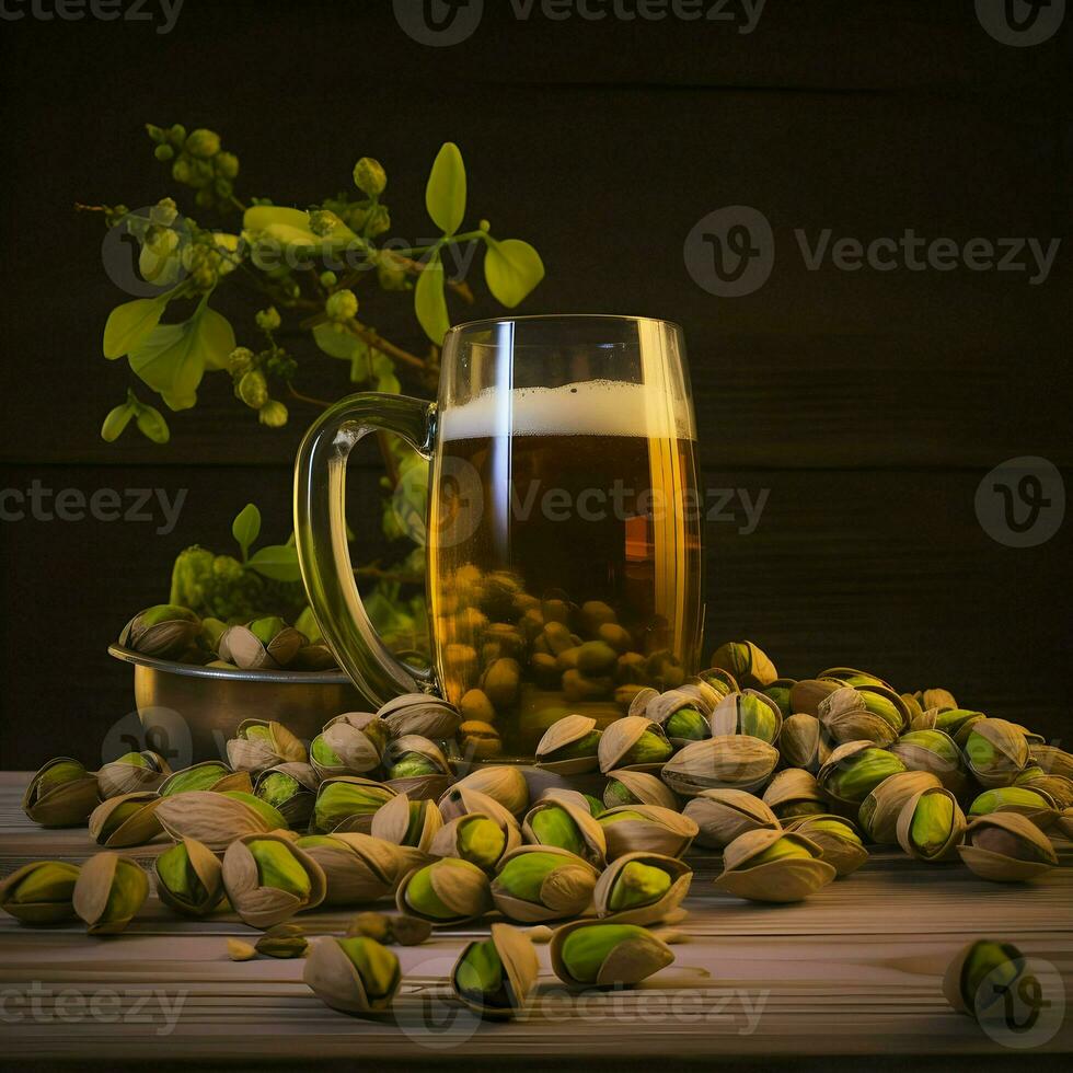 pistacchi su un' piatto e birra nel il bicchiere. alto risoluzione. ai generativo foto