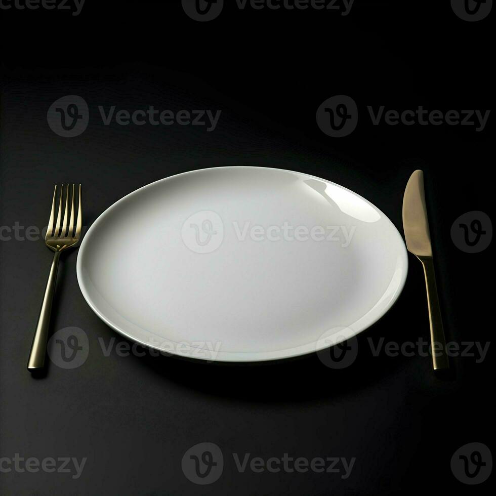 minimalista bianca ceramica piatto con un' metallo forchetta e coltello. indietro Visualizza. alta risoluzione. ai generativo foto