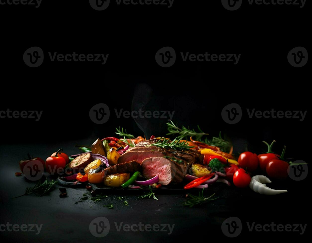 affettato ben fatto carne con verdure su un' buio sfondo. alta risoluzione. ai generativo foto