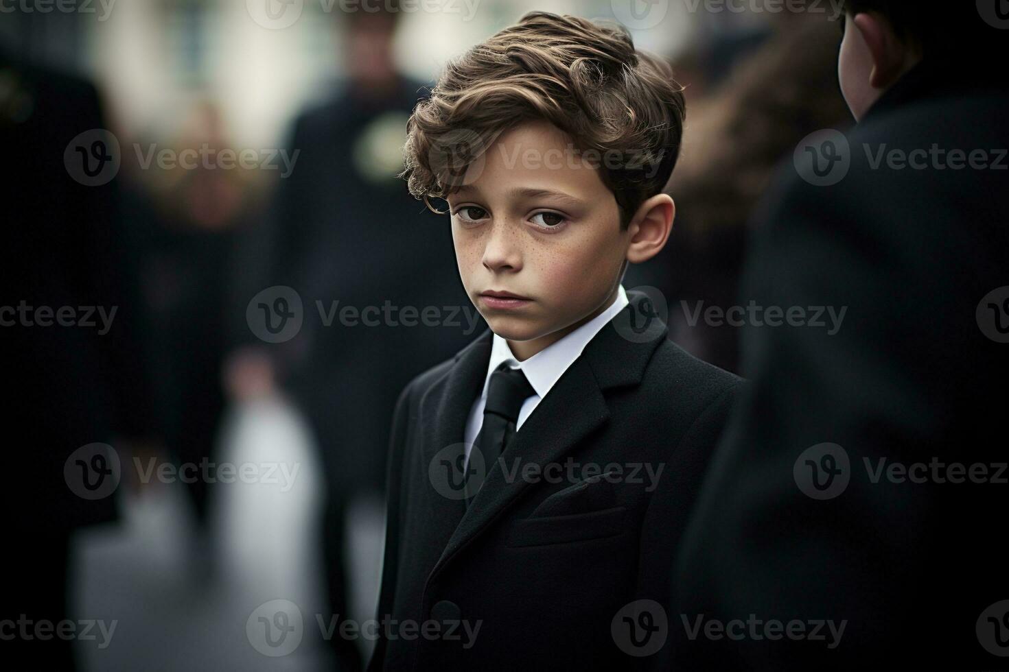 ritratto di un' ragazzo nel un' nero completo da uomo con un' funerale mazzo di fiori ai generato foto