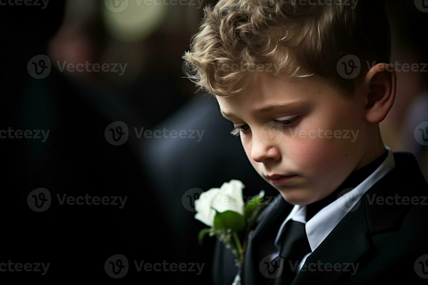 ritratto di un' ragazzo nel un' nero completo da uomo con un' funerale mazzo di fiori ai generato foto