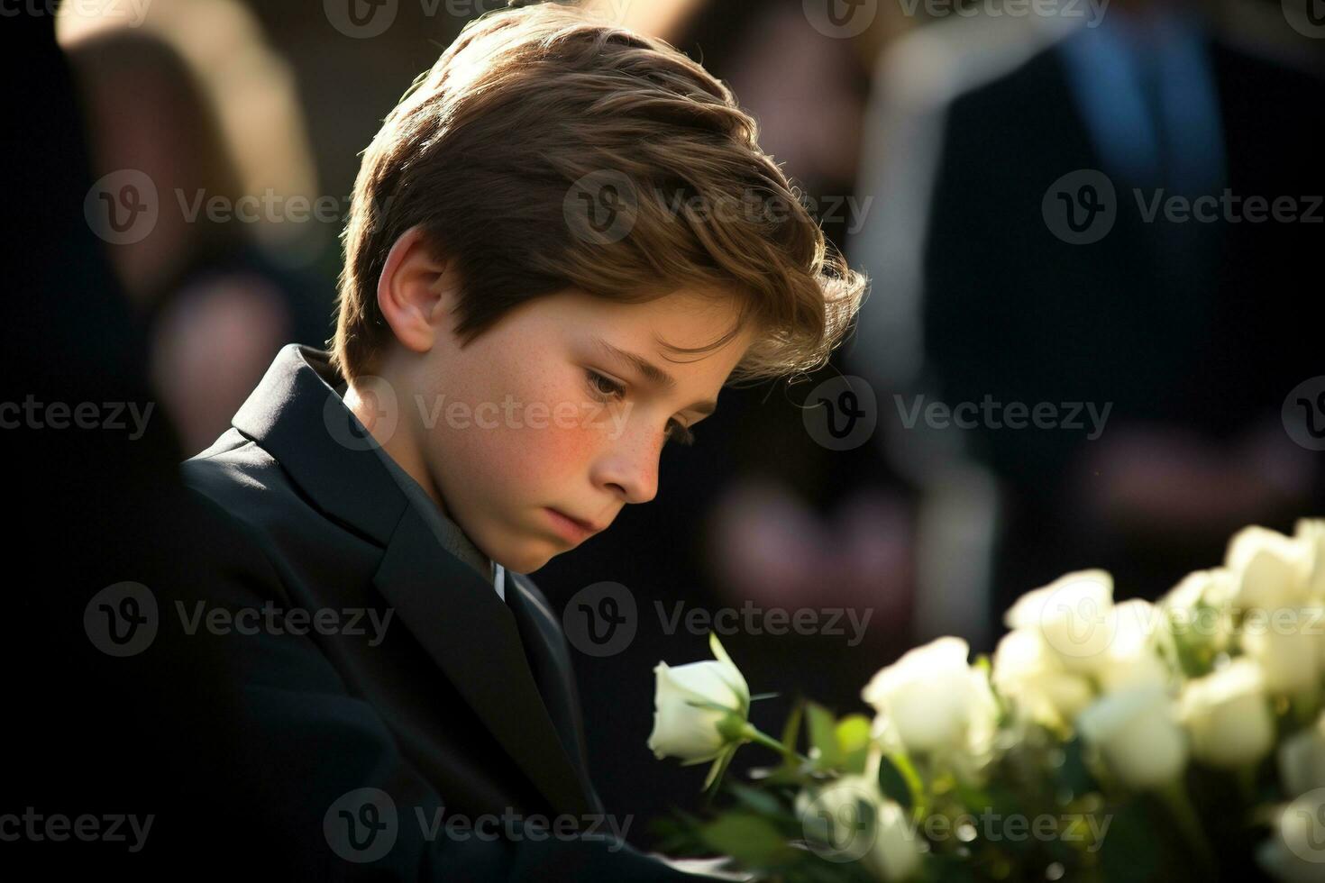 ritratto di un' ragazzo nel un' nero completo da uomo con un' funerale mazzo di fiori ai generato foto