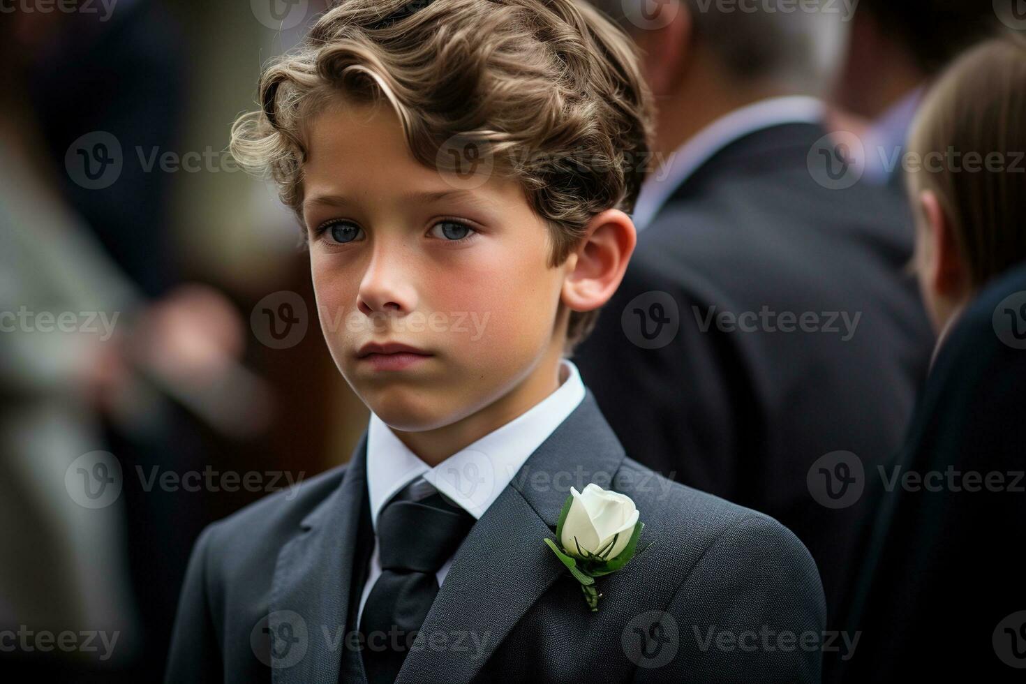 ritratto di un' ragazzo nel un' nero completo da uomo con un' funerale mazzo di fiori ai generato foto